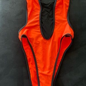 High waisted bright orange swimsuit